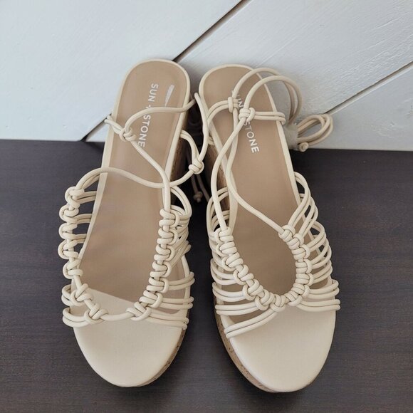 NEW Sun Stone Womens Tillyy Lace-Up Wedge  Eggshell 9M Cork Sandals - Picture 4 of 8
